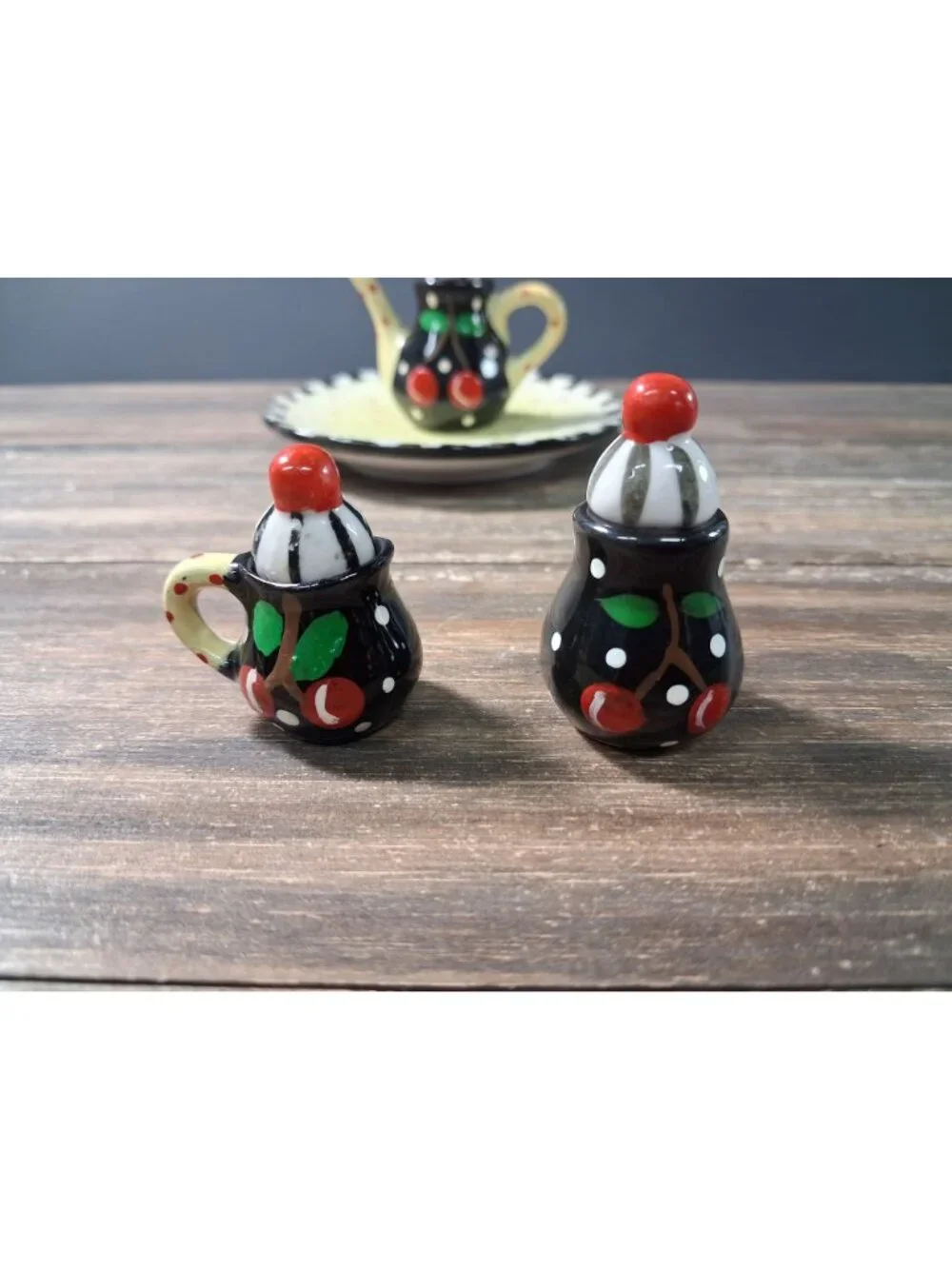Mary Engelbreit Miniature Tea Pot Creamer Sugar Cup Plate Cherries Vintage